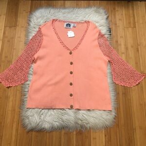 Storybook Knits Crochet Net Lace Beaded Coral Ramie Sweater Cardigan size 1X NWT